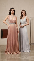 Aurelia Rose Gold Metallic Pleated Backless Gown