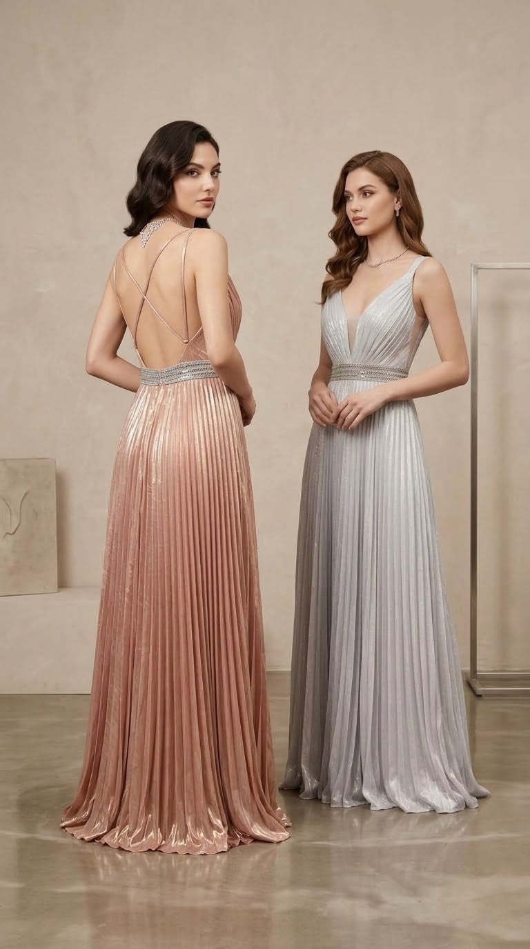Aurelia Rose Gold Metallic Pleated Backless Gown
