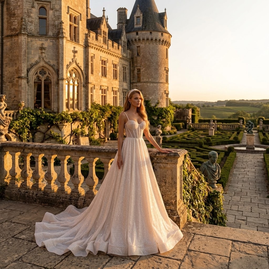 Sparkling Tulle A-Line Wedding Dress with Corset Bodice & Chapel Train