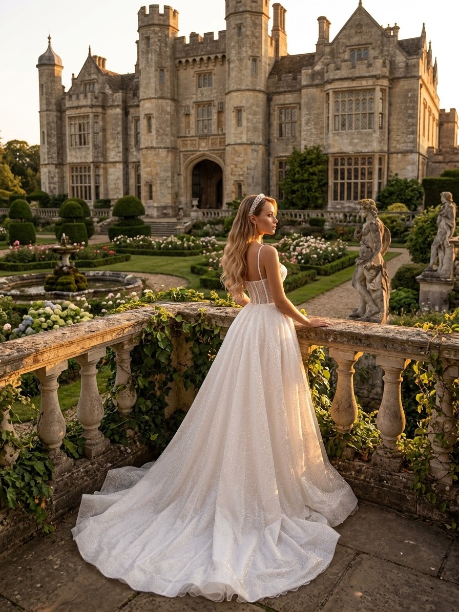 Sparkling Tulle A-Line Wedding Dress with Corset Bodice & Chapel Train