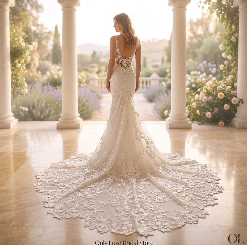 Floral Lace Applique Mermaid Wedding Dress with Cathedral Train