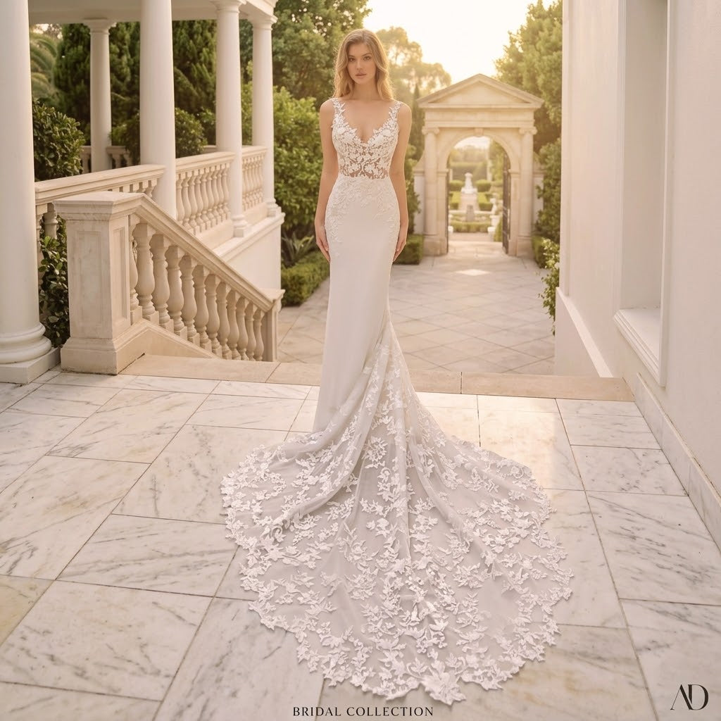 Floral Lace Applique Mermaid Wedding Dress with Cathedral Train