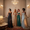 Glimmering Bodice Plunge Evening Dress with Sheer Train