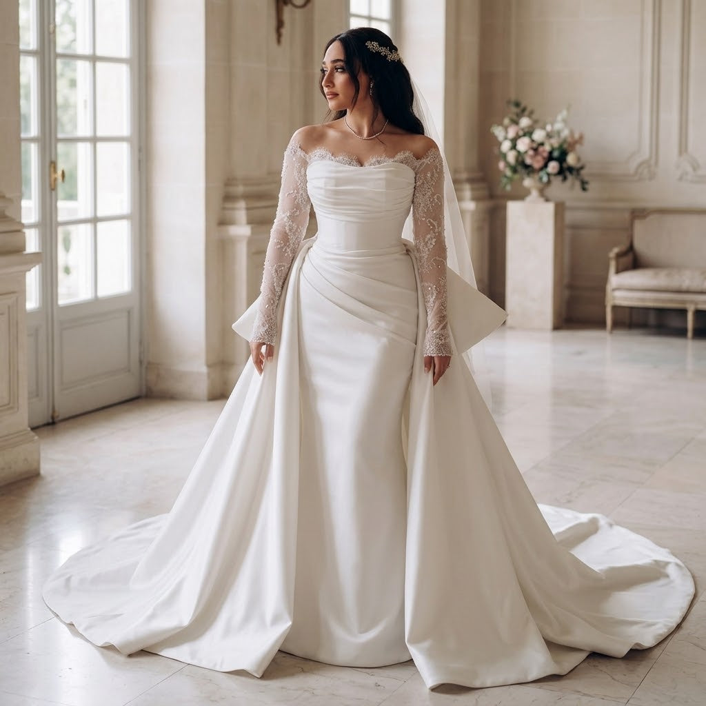 The Royale: 2-in-1 Beaded Lace & Ivory Satin Gown with Dramatic Train