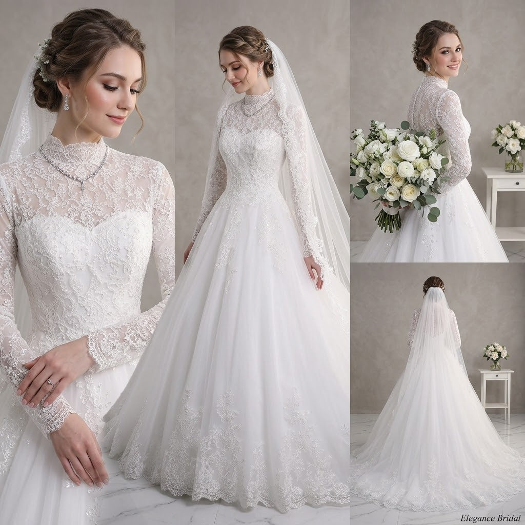 Modest High-Neck Beaded Lace Long Sleeve Bridal Gown