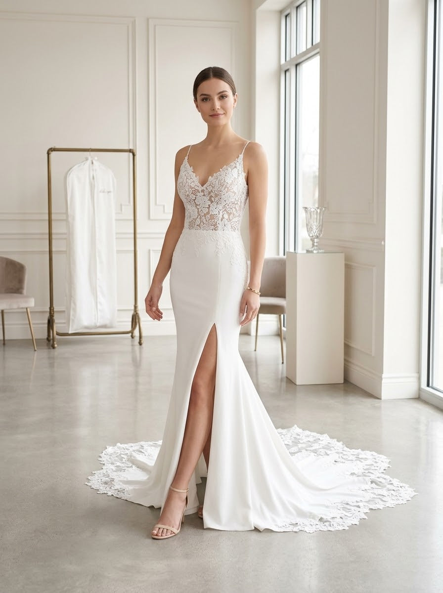 Lace Bodice Mermaid Wedding Dress with Slit