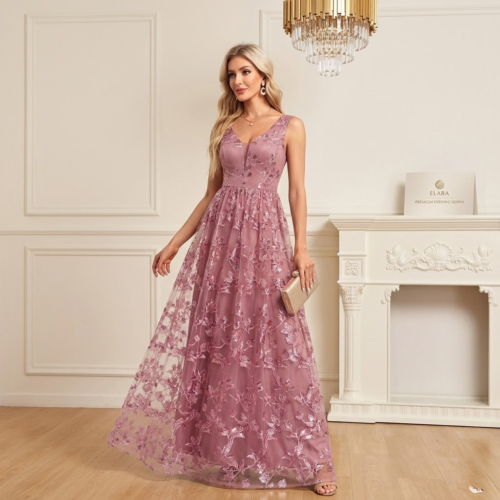 Sparkling Sequin Floral V-Neck Sleeveless A-Line Evening Gown