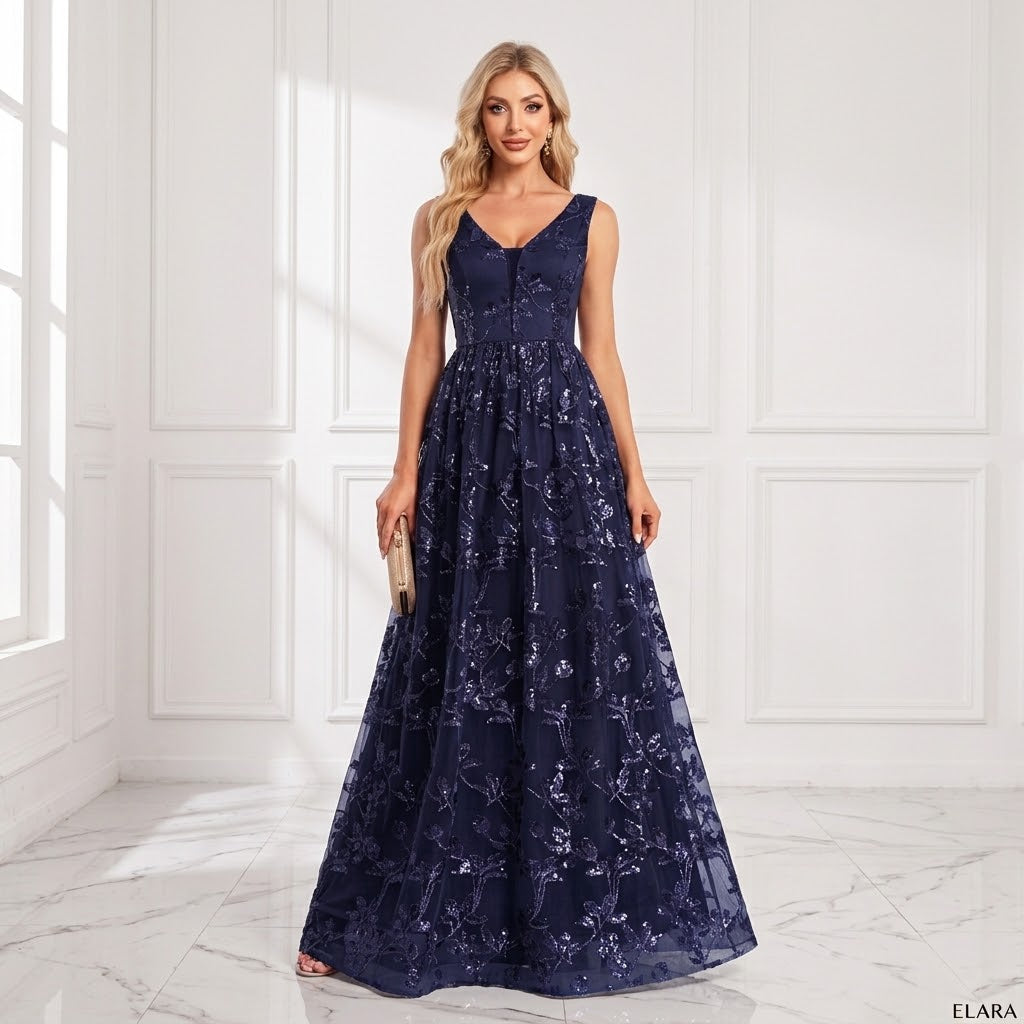 Sparkling Sequin Floral V-Neck Sleeveless A-Line Evening Gown