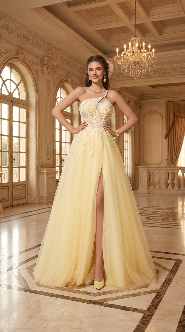One-Shoulder Beaded Tulle Prom Dress with Slit & Illusion Cutout