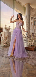 One-Shoulder Beaded Tulle Prom Dress with Slit & Illusion Cutout