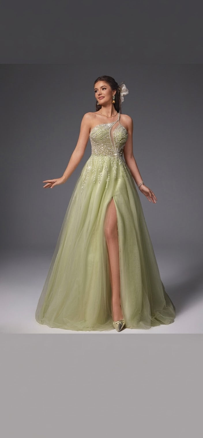 One-Shoulder Beaded Tulle Prom Dress with Slit & Illusion Cutout