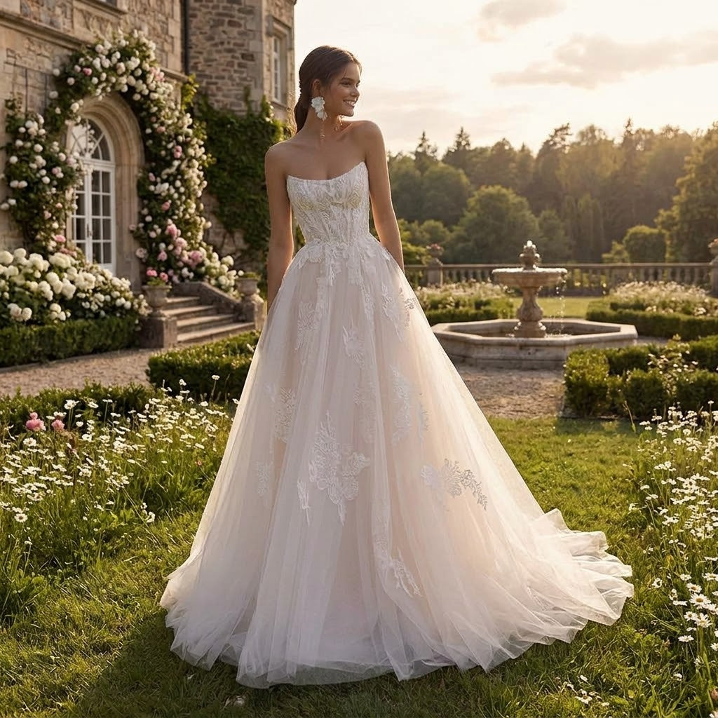 Fairy-Tale Strapless Floral Lace Wedding Gown in Blush & Ivory