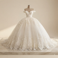 Off-The-Shoulder Sweetheart Lace Ball Gown Wedding Dress with Glitter Tulle & Cathedral Train