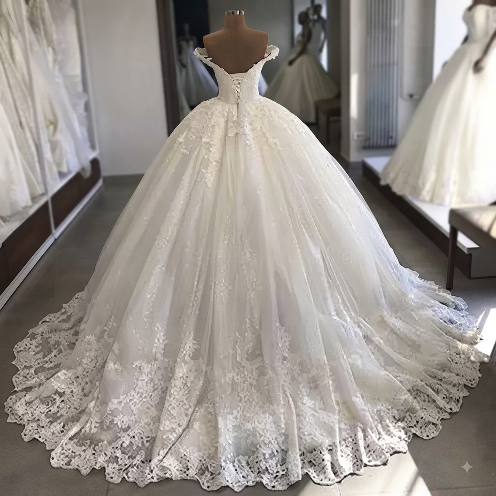 Off-The-Shoulder Sweetheart Lace Ball Gown Wedding Dress with Glitter Tulle & Cathedral Train