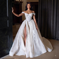 Off-shoulder luxury lace wedding dress with high slit