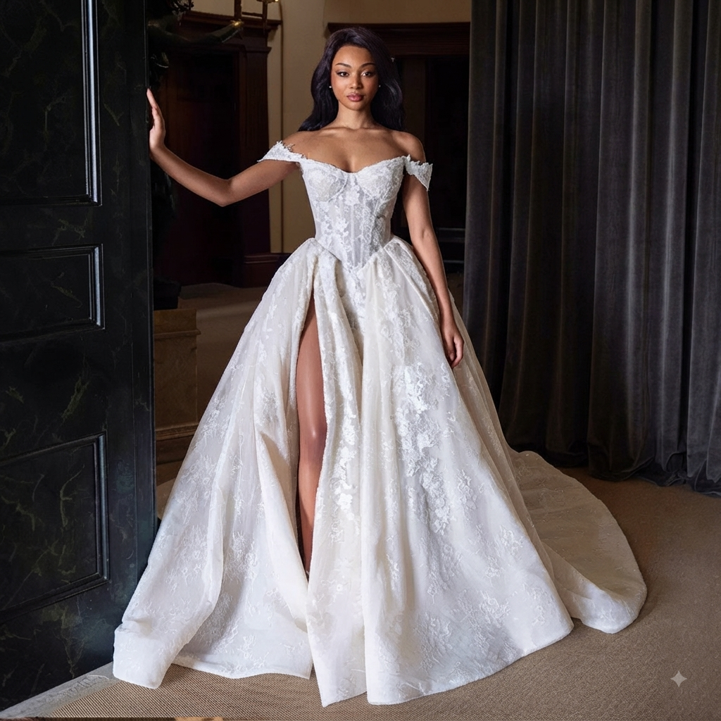 Off-shoulder luxury lace wedding dress with high slit