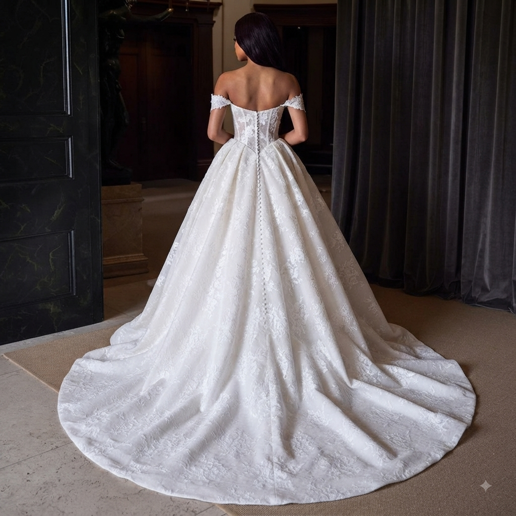 Off-shoulder luxury lace wedding dress with high slit