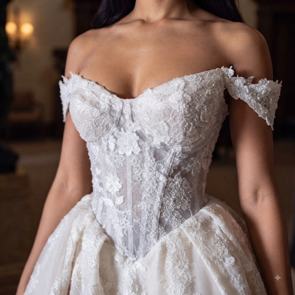 Off-shoulder luxury lace wedding dress with high slit