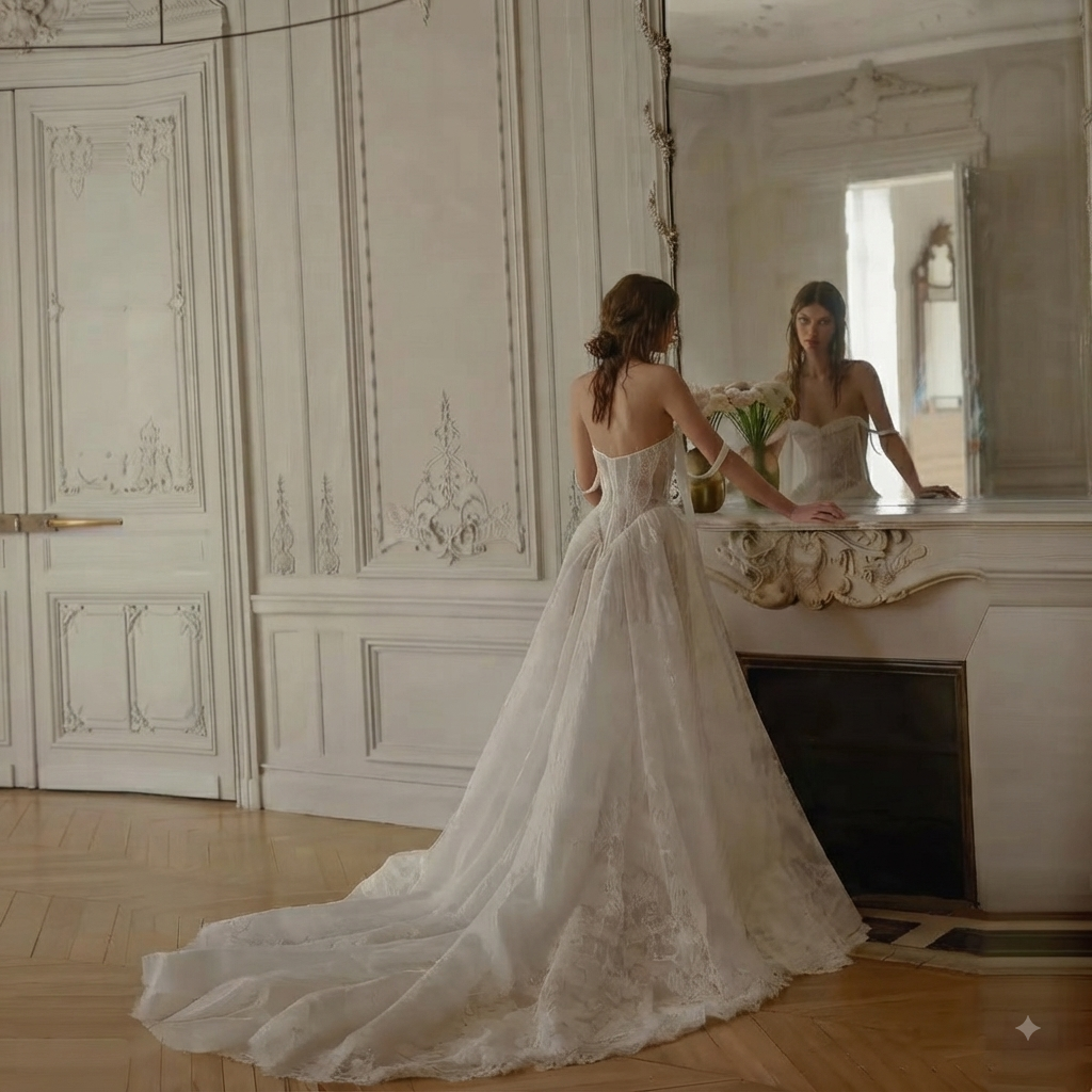 Luxurious plunge-neck, waist-wrapping soft lace A-line wedding dress with train