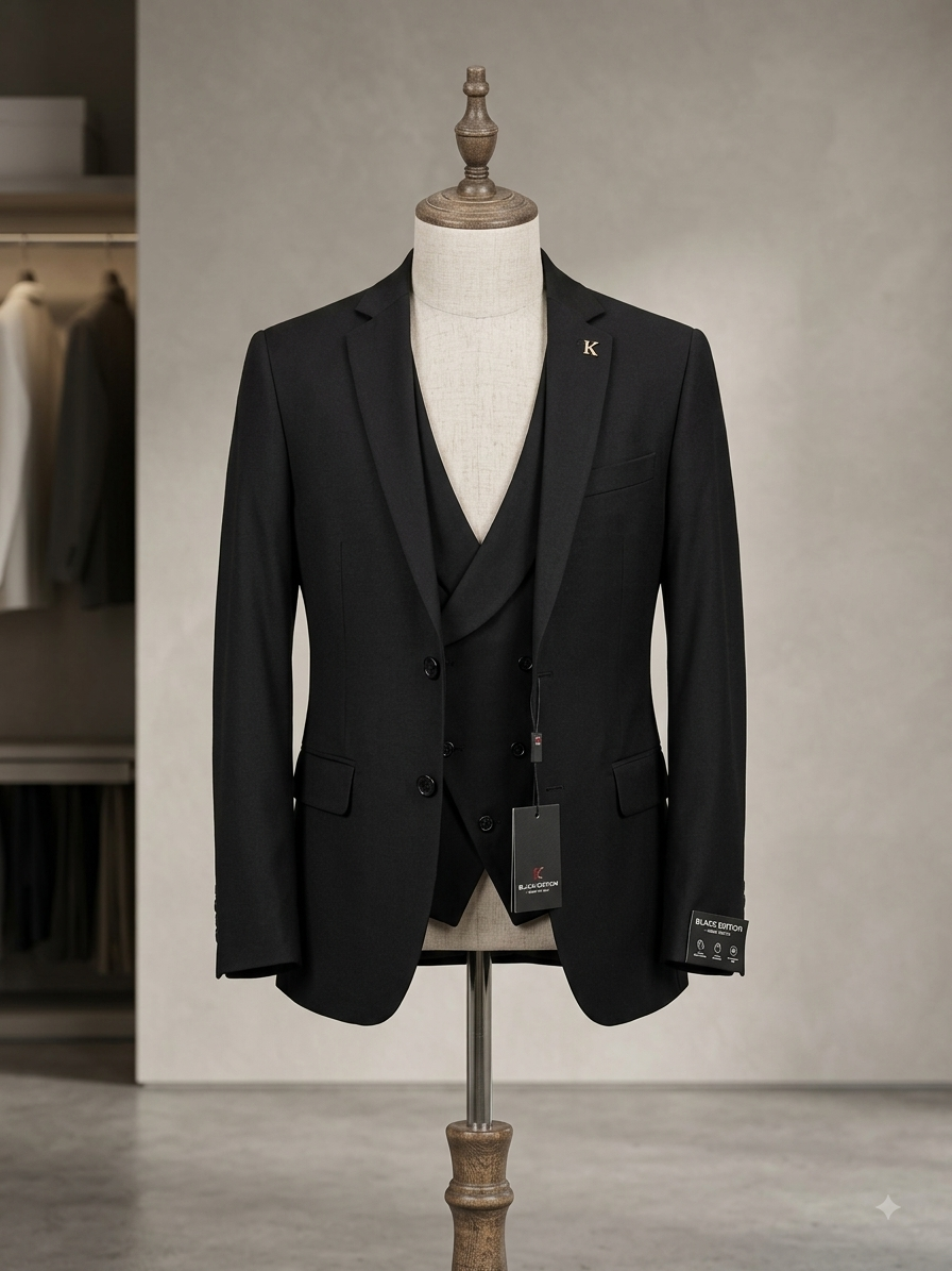 Men's Modern Slim Fit 3-Piece Suit in Jet Black – Notch Lapel Blazer, Shawl Collar Vest & Trousers