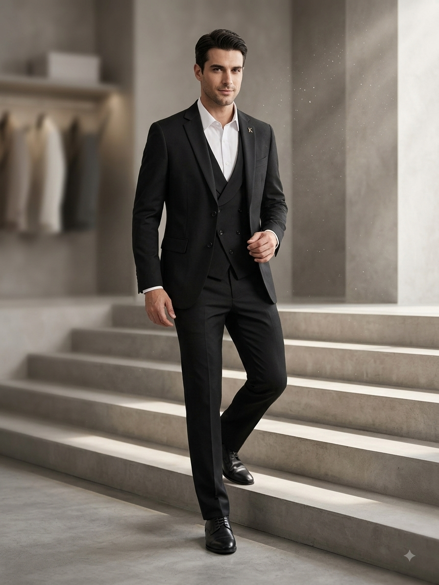 Men's Modern Slim Fit 3-Piece Suit in Jet Black – Notch Lapel Blazer, Shawl Collar Vest & Trousers
