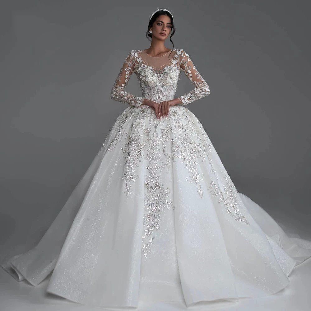 Illusion Sleeve Embellished Ball Gown Wedding Dress - Only Love Bridal Store