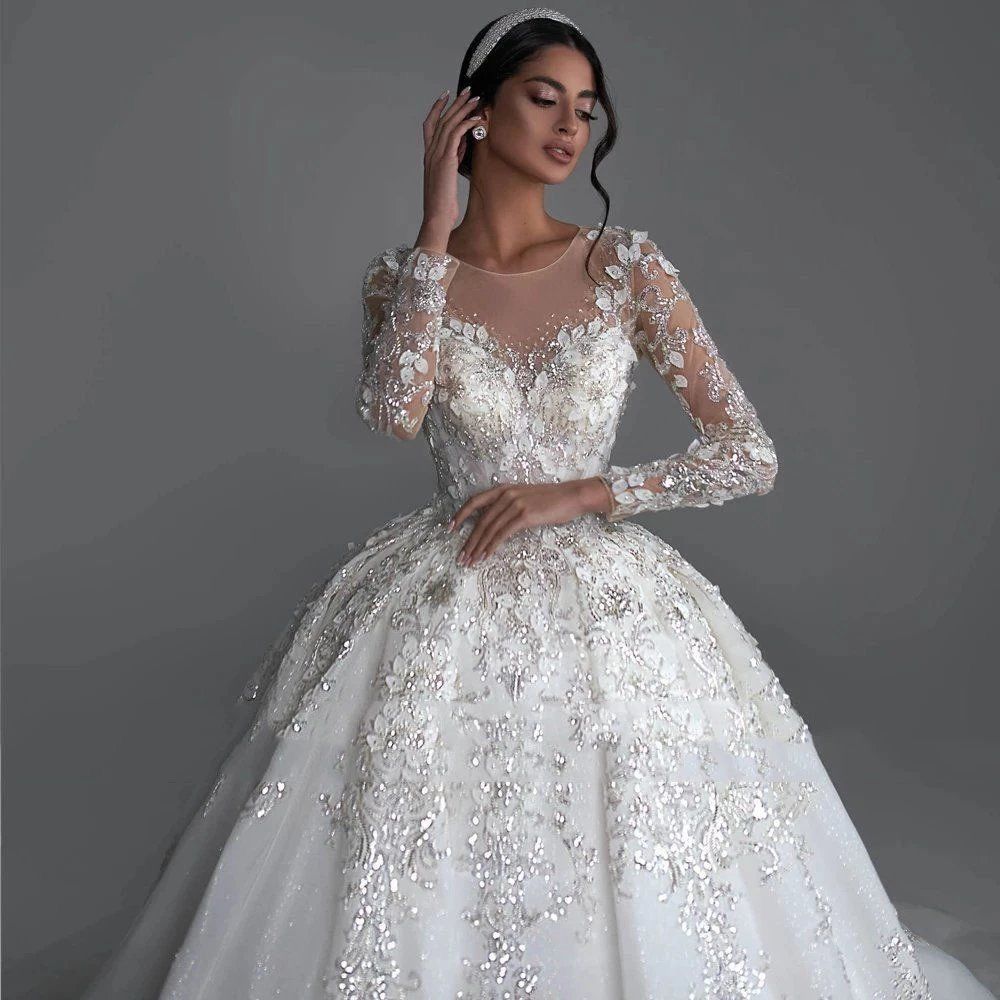 Illusion Sleeve Embellished Ball Gown Wedding Dress - Only Love Bridal Store