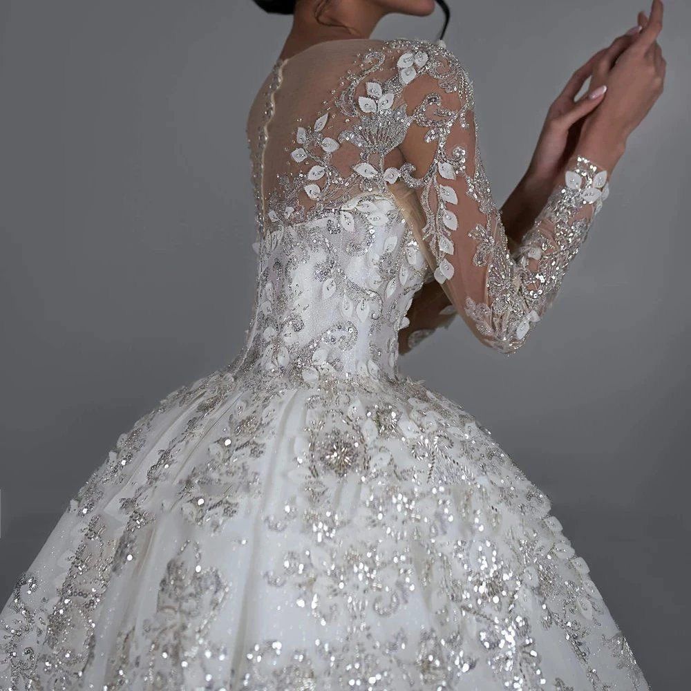 Illusion Sleeve Embellished Ball Gown Wedding Dress - Only Love Bridal Store