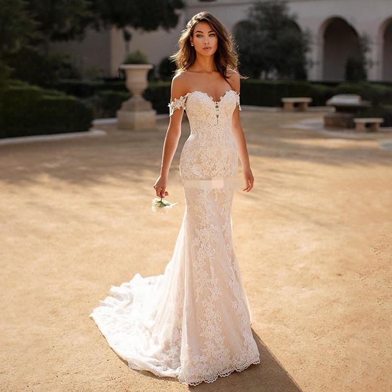 Off-Shoulder Lace Mermaid Wedding Gown - Only Love Bridal Store