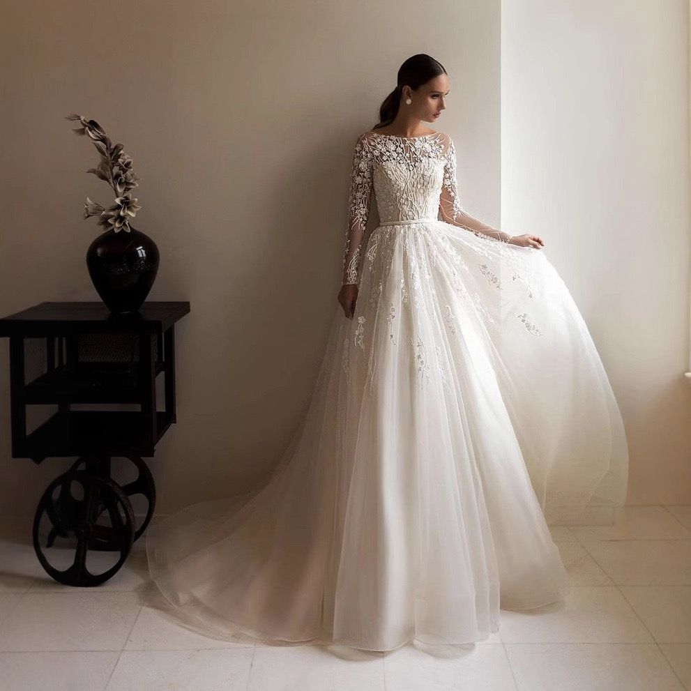Elegant Sheer Lace Sleeve Wedding Gown - Only Love Bridal Store