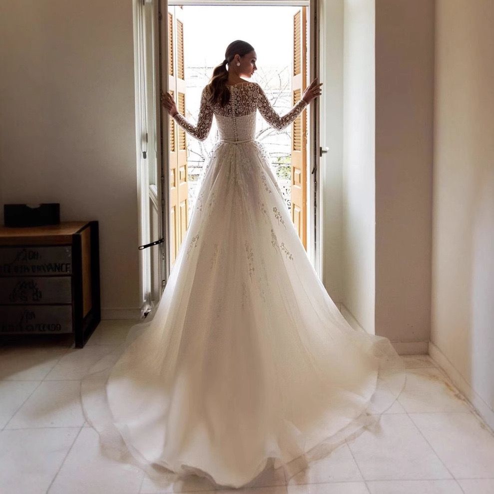 Elegant Sheer Lace Sleeve Wedding Gown - Only Love Bridal Store