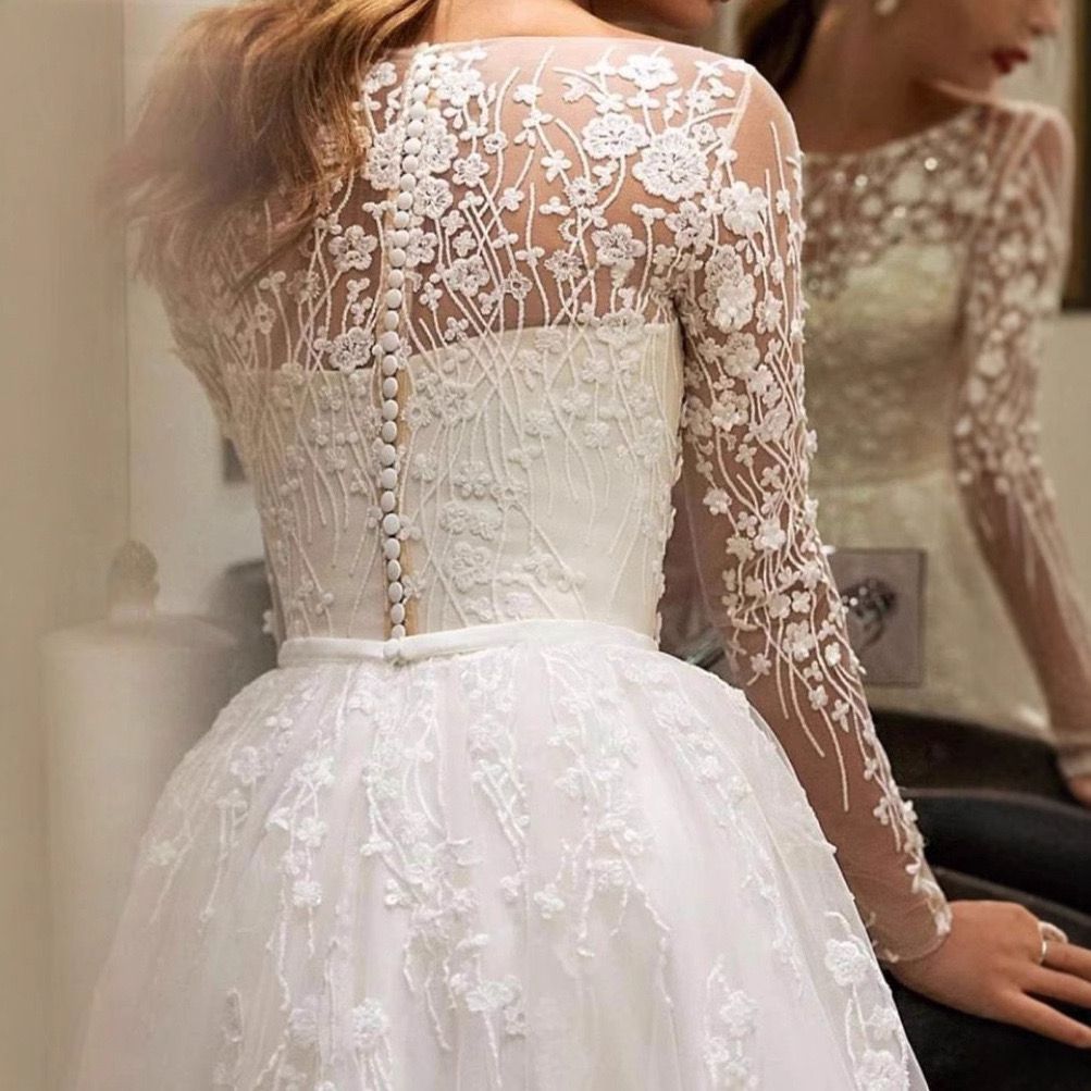 Elegant Sheer Lace Sleeve Wedding Gown - Only Love Bridal Store