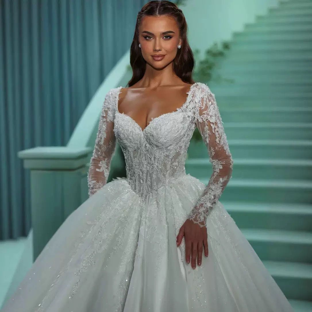 Sweetheart Lace Sleeve Royal Ball Gown Wedding Dress - Only Love Bridal Store