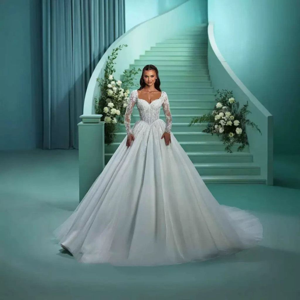 Sweetheart Lace Sleeve Royal Ball Gown Wedding Dress - Only Love Bridal Store