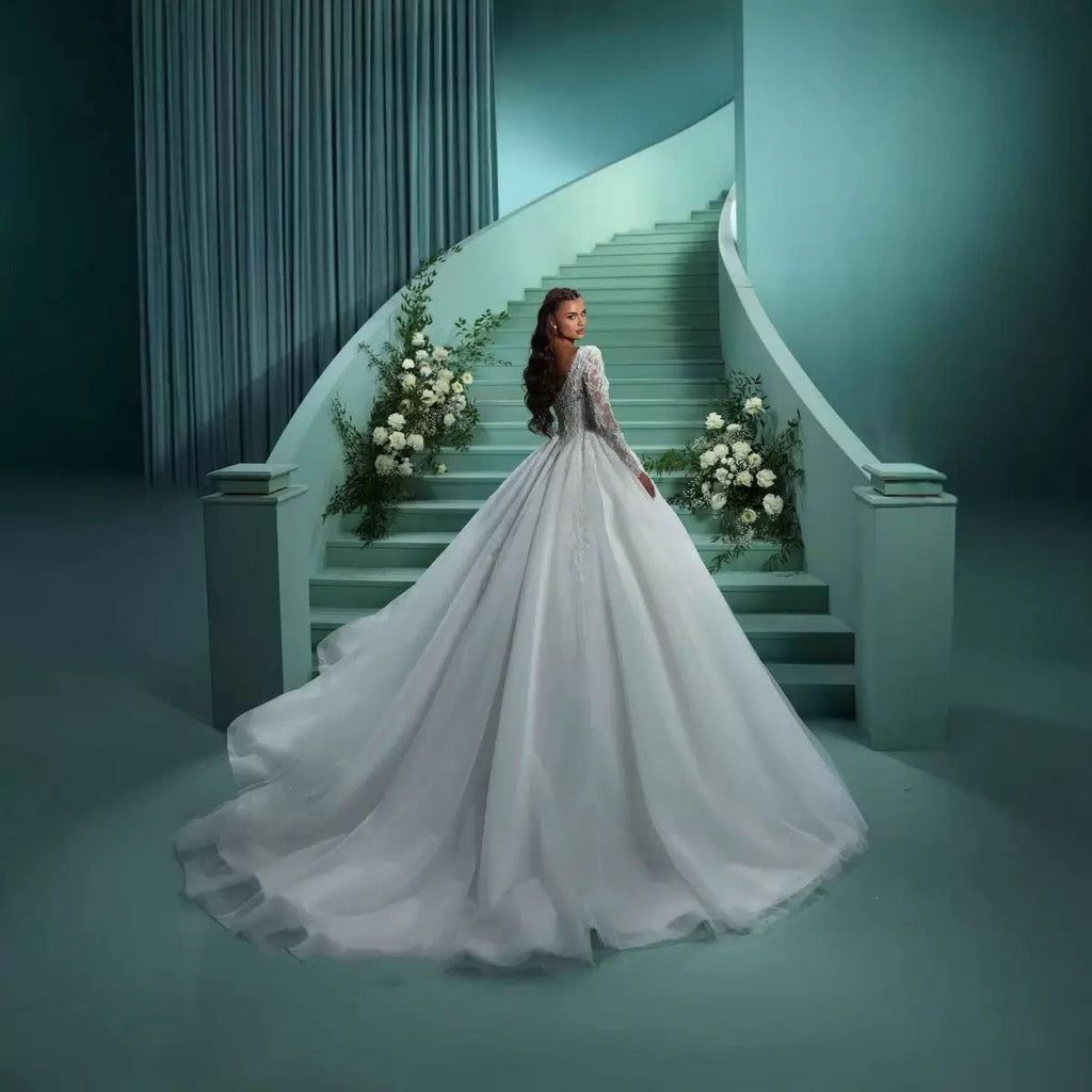 Sweetheart Lace Sleeve Royal Ball Gown Wedding Dress - Only Love Bridal Store
