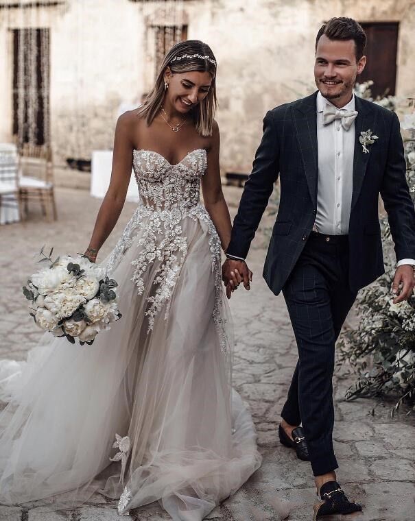 Strapless Floral Appliqué Ball Gown Wedding Dress
