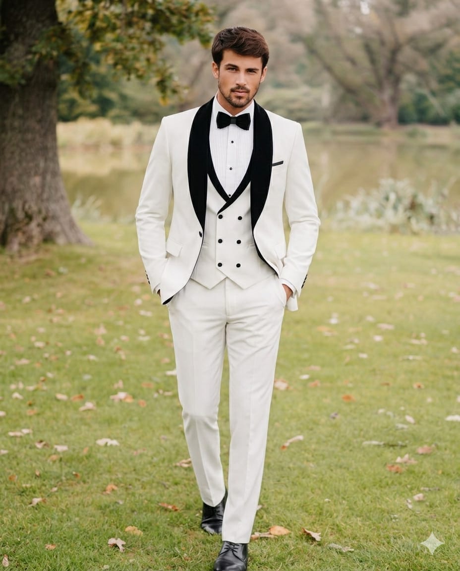 White Men’s Tuxedo Suit with Black Lapel