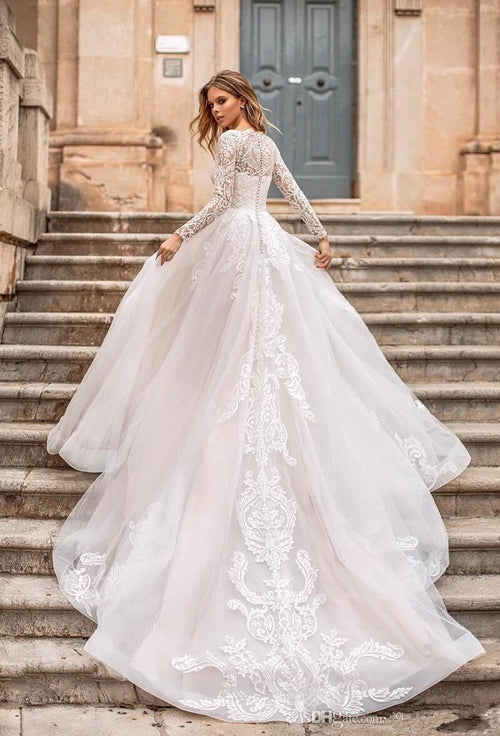 Elegant High Neck Long Sleeve Ball Gown Wedding Dress - Only Love Bridal Store