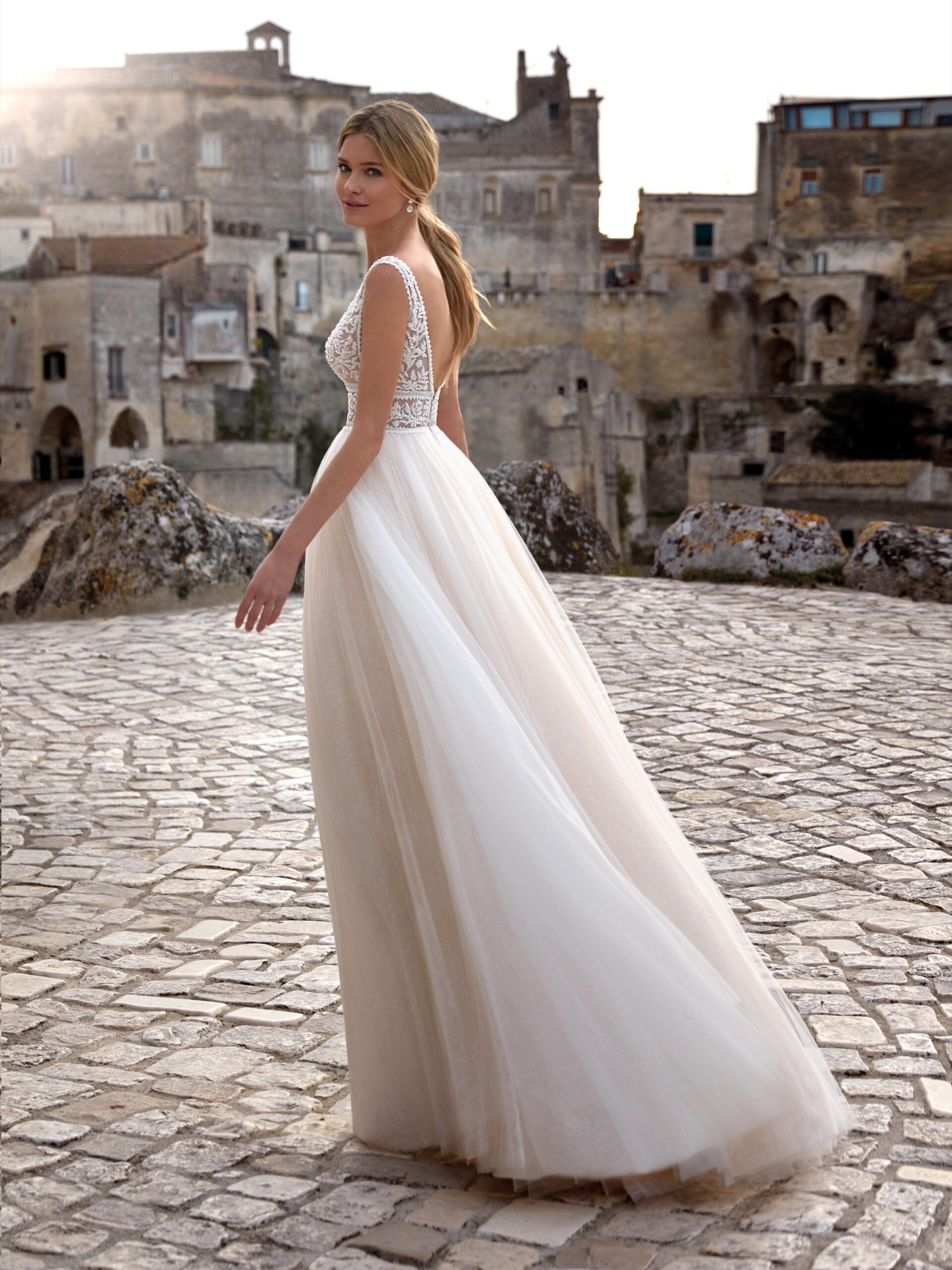 Plunge Neck A-Line Tulle Wedding Gown - Only Love Bridal Store