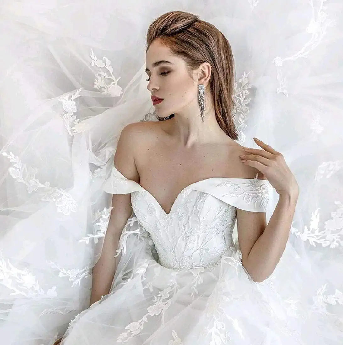Off-Shoulder Cathedral Ball Gown Wedding Dress - Only Love Bridal Store