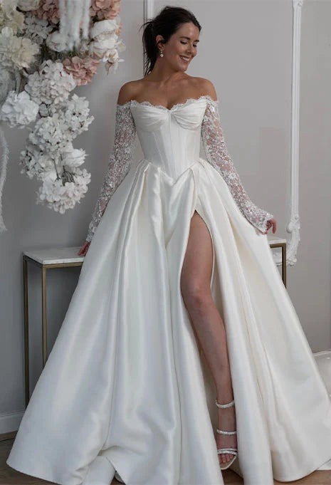 Off-Shoulder Corset Wedding Dress – Lace Sleeve Bridal Gown