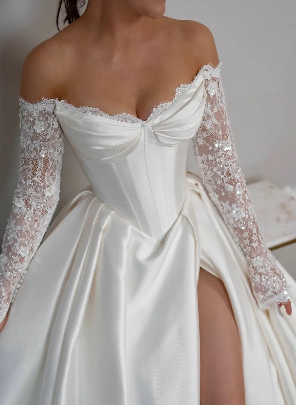 Off-Shoulder Corset Wedding Dress – Lace Sleeve Bridal Gown
