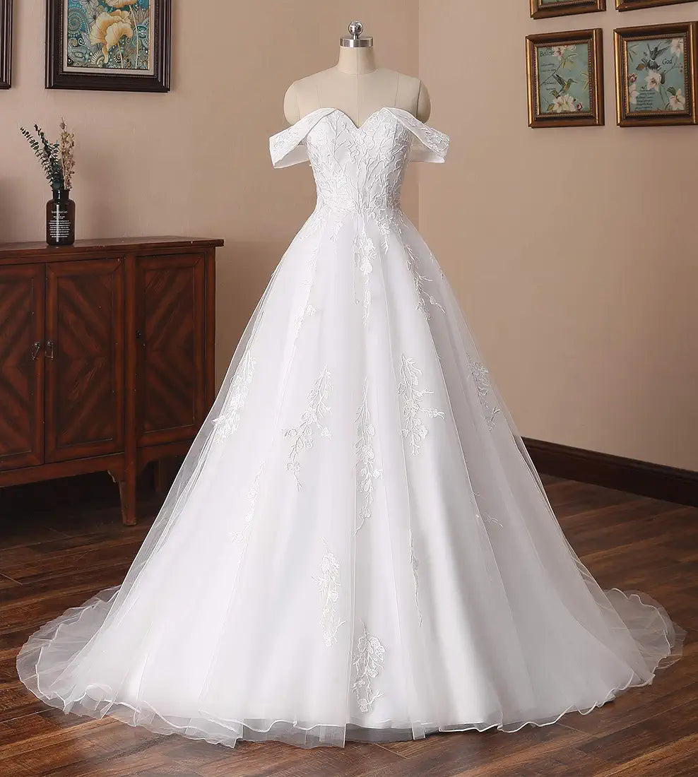 Off-Shoulder Cathedral Ball Gown Wedding Dress - Only Love Bridal Store