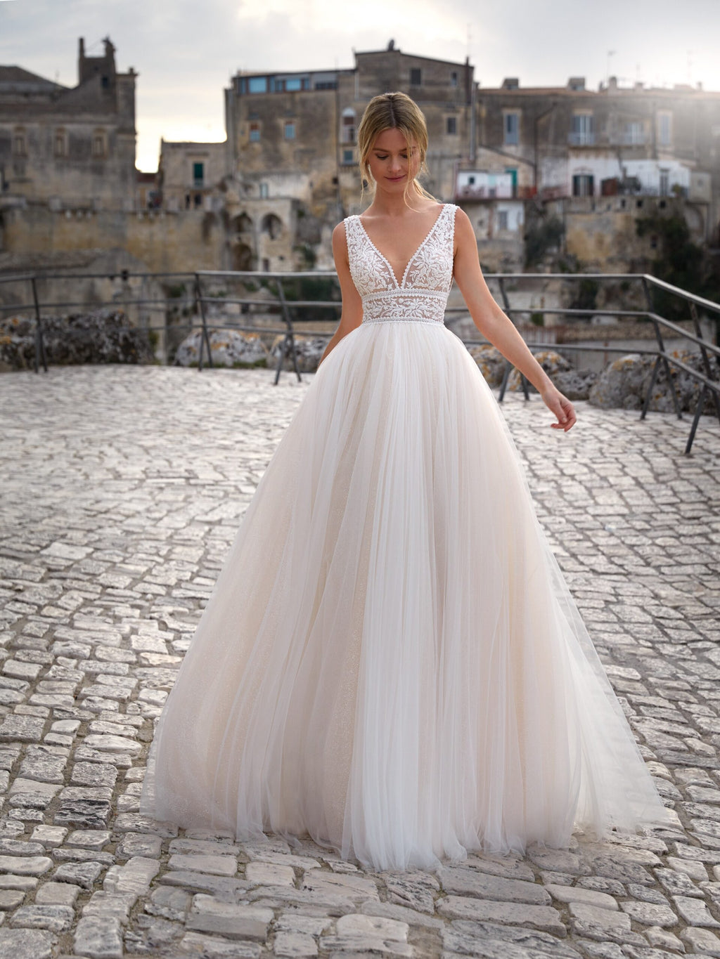 Plunge Neck A-Line Tulle Wedding Gown - Only Love Bridal Store