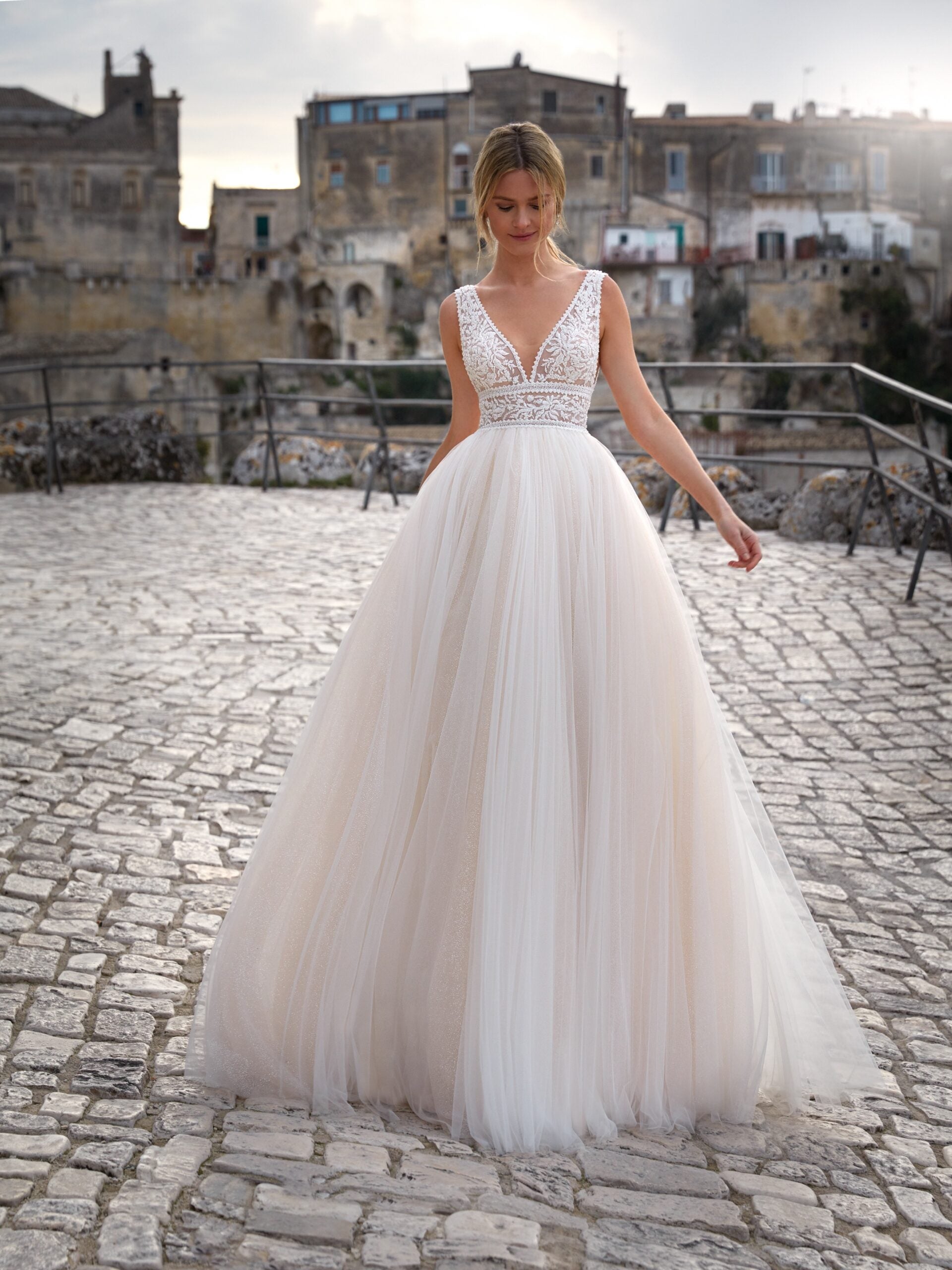 Plunge Neck A-Line Tulle Wedding Gown - Only Love Bridal Store