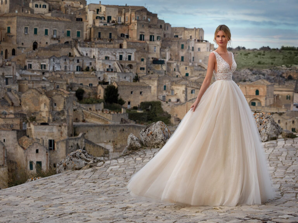 Plunge Neck A-Line Tulle Wedding Gown - Only Love Bridal Store