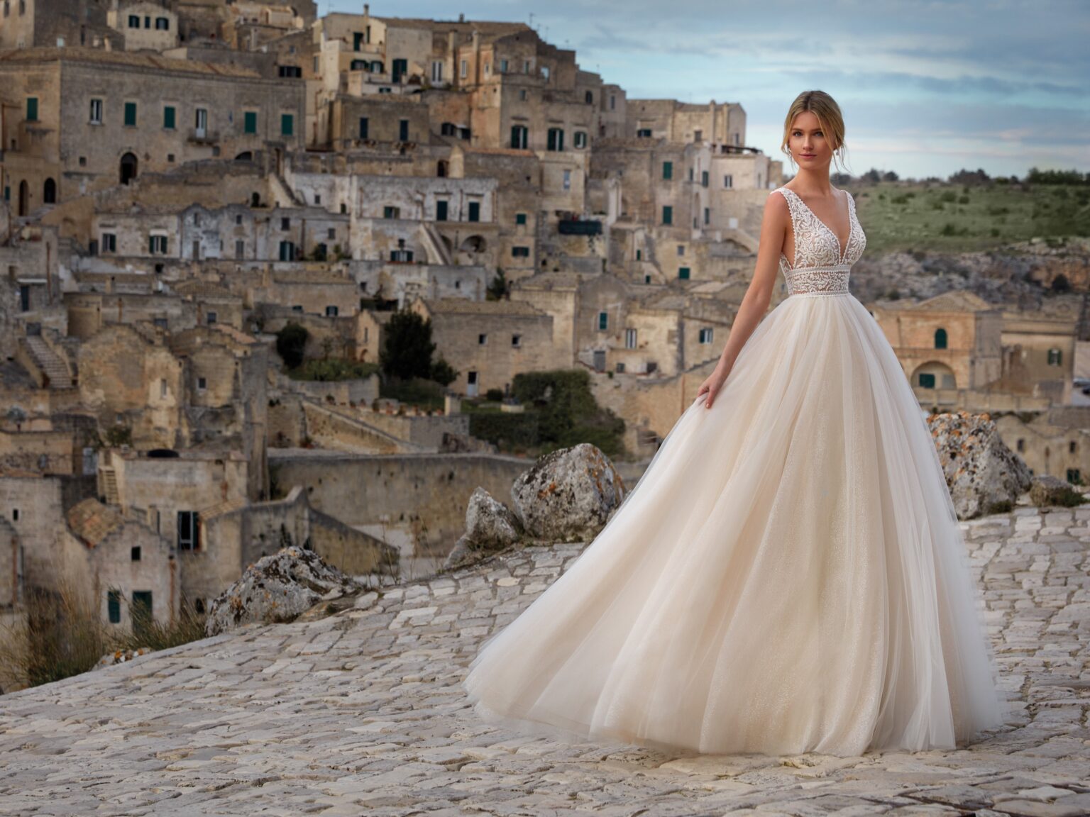 Plunge Neck A-Line Tulle Wedding Gown - Only Love Bridal Store