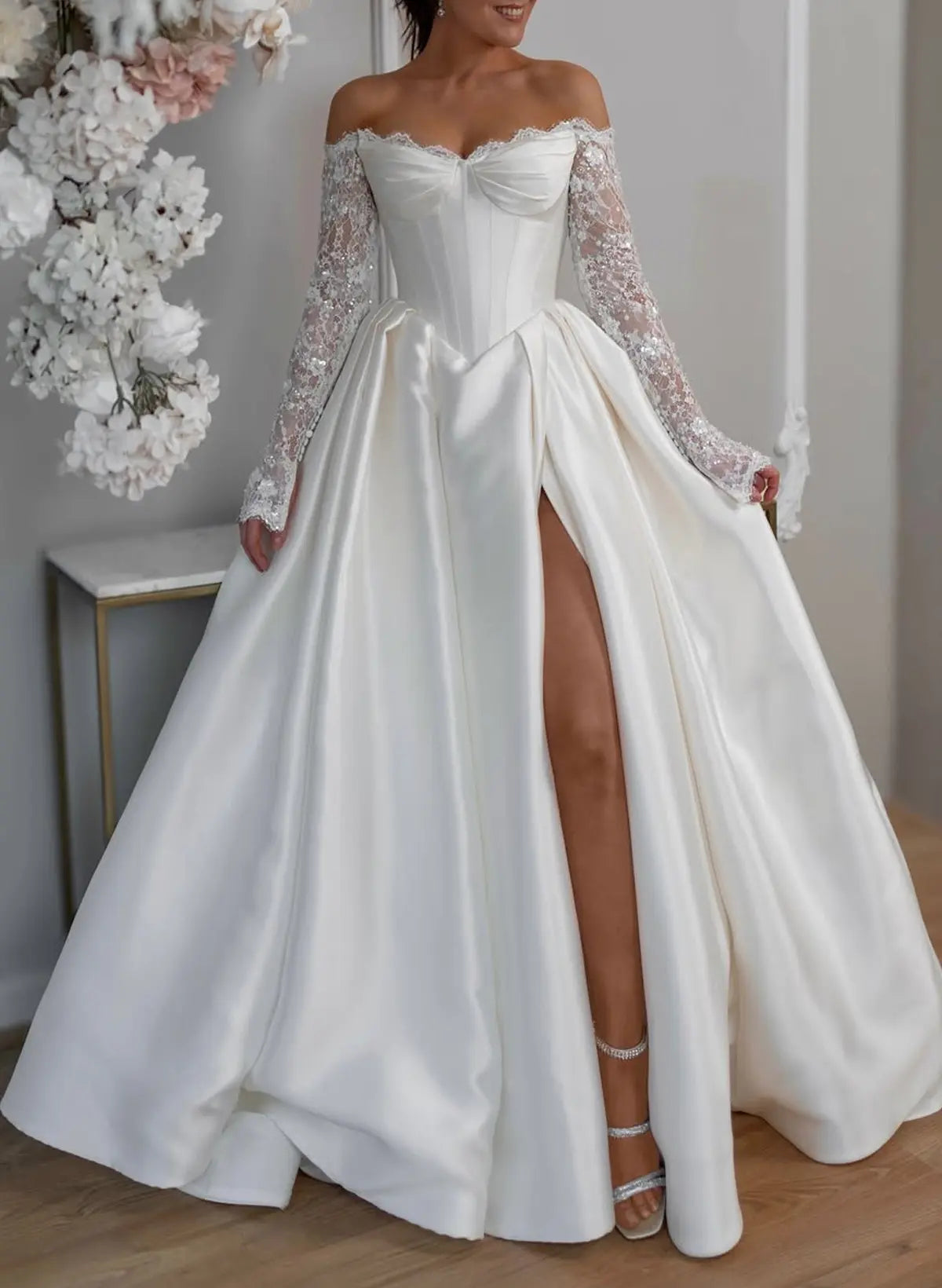 Off-Shoulder Corset Wedding Dress – Lace Sleeve Bridal Gown