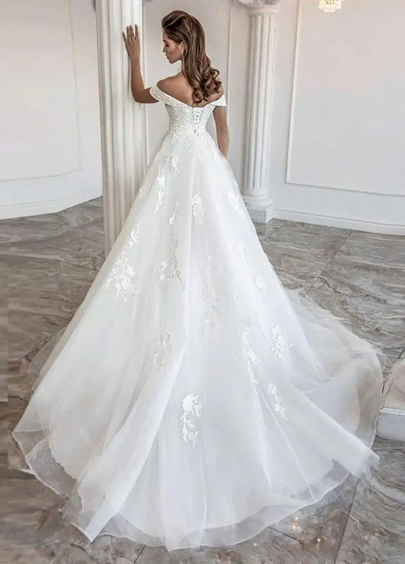 Off-Shoulder Cathedral Ball Gown Wedding Dress - Only Love Bridal Store