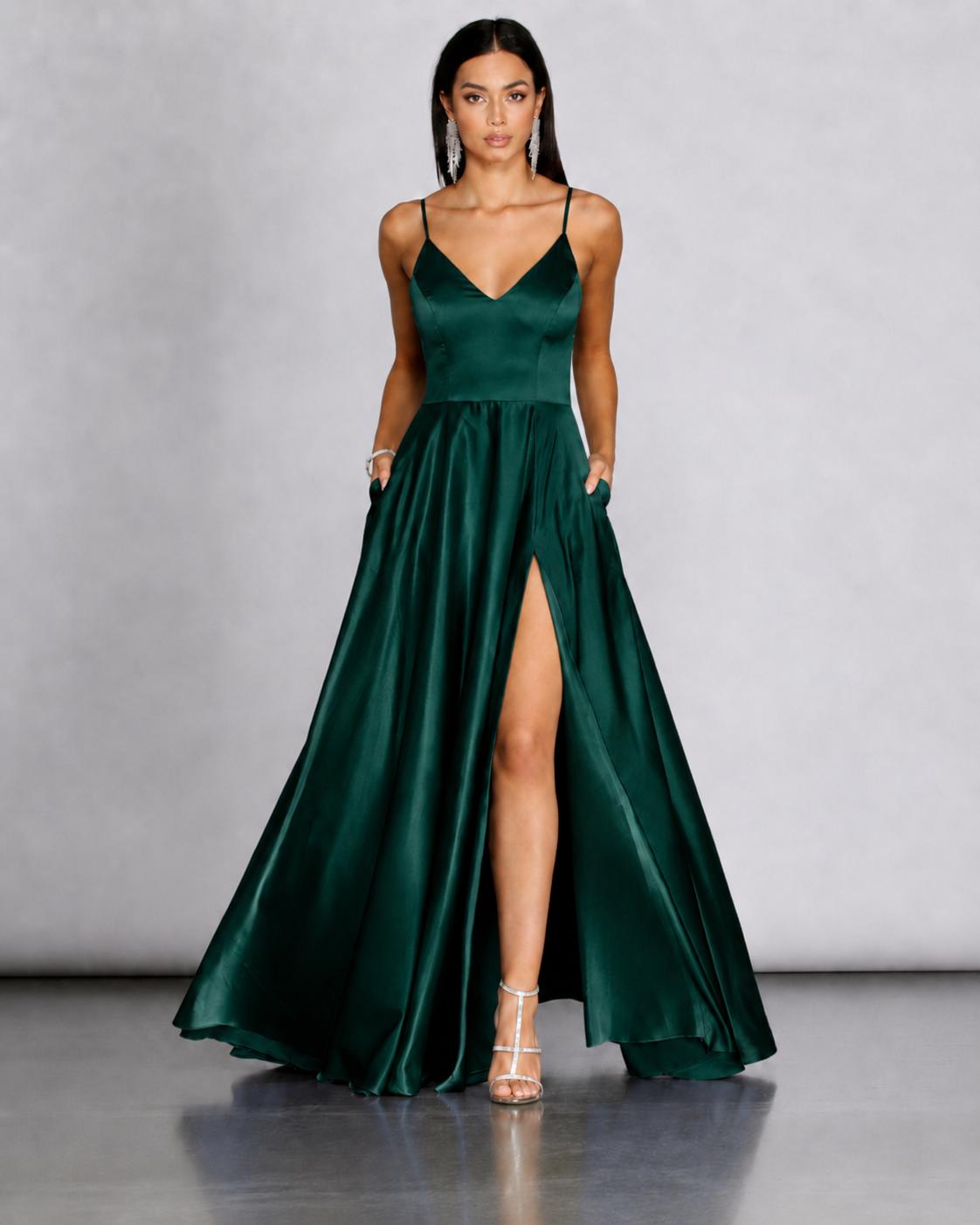 Spaghetti Strap A-Line Formal Dress – Side Slit Evening Gown
